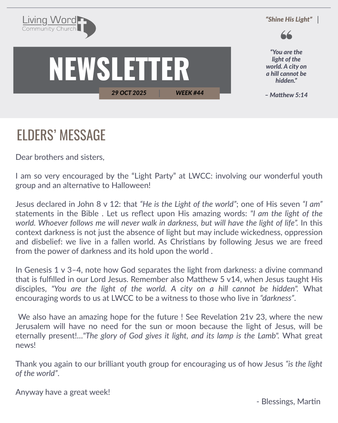 Week 44 Shine His Light Insta